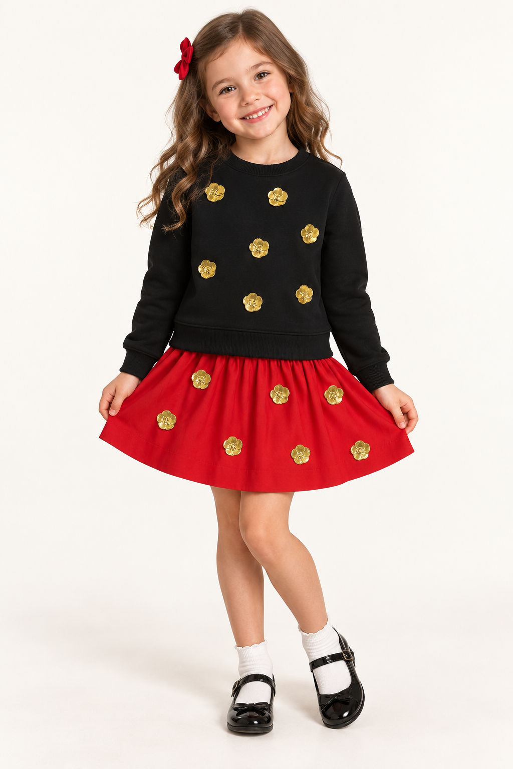 Sequin Flower Black Full Sleeves Sweatshirt With Sequin Red Flared Skirt