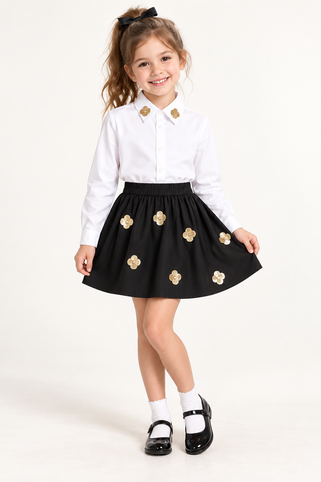 Girls White Embellished Shirt & Black Sequin Skirt Co-ord Set