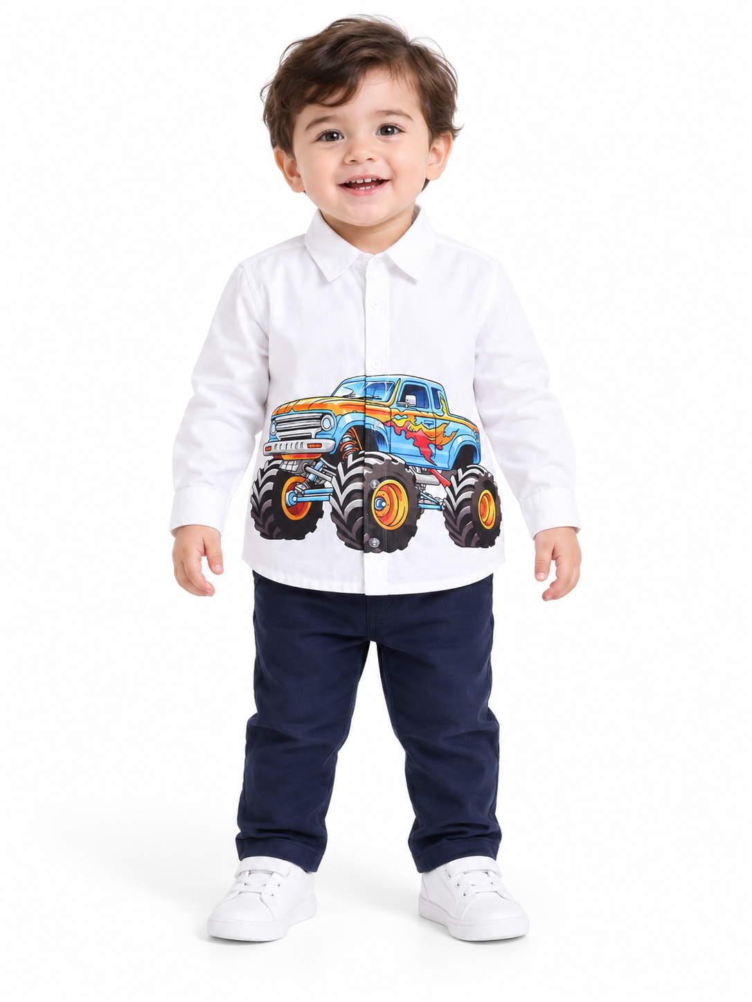 White Full Sleeve Cotton Shirt with Monster Truck Print