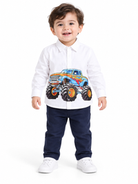 White Full Sleeve Cotton Shirt with Monster Truck Print