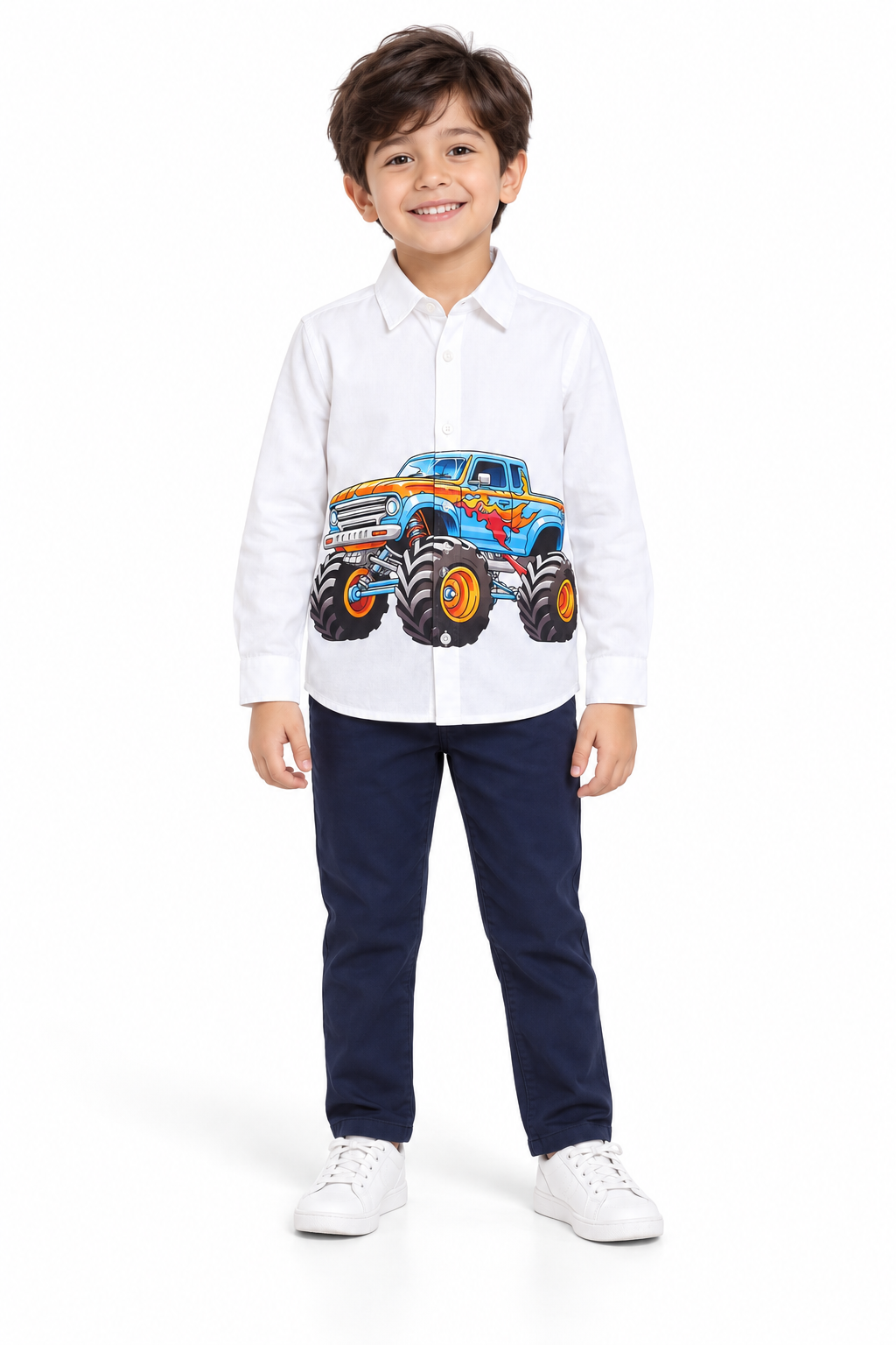 White Full Sleeve Cotton Shirt with Monster Truck Print
