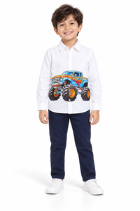 White Full Sleeve Cotton Shirt with Monster Truck Print