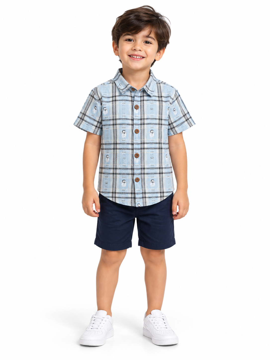 Sky Blue & Grey Check Snowman Checkered Pattern Cotton Half Sleeve Shirt