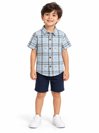 Sky Blue & Grey Check Snowman Checkered Pattern Cotton Half Sleeve Shirt