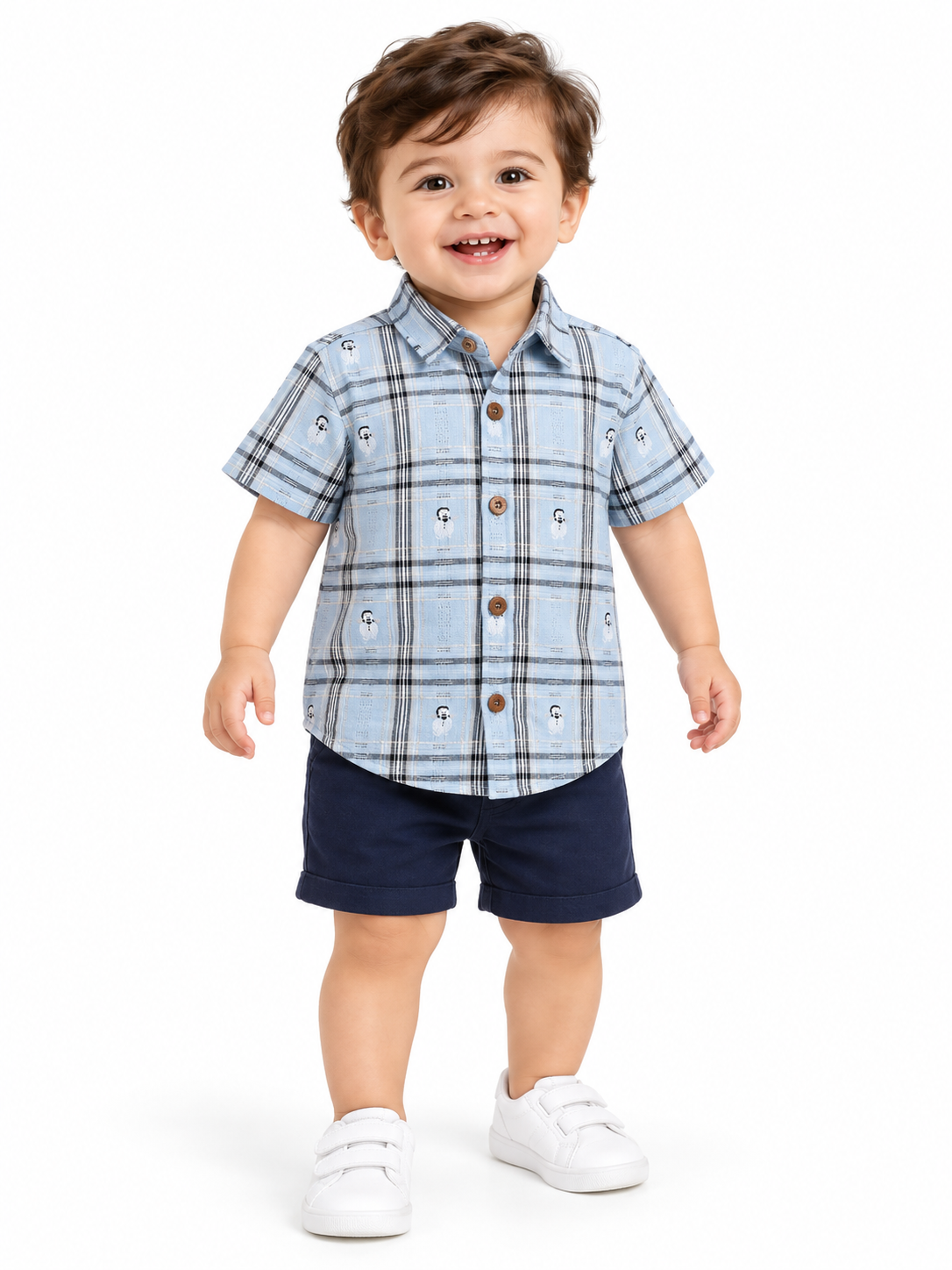Sky Blue & Grey Check Snowman Checkered Pattern Cotton Half Sleeve Shirt