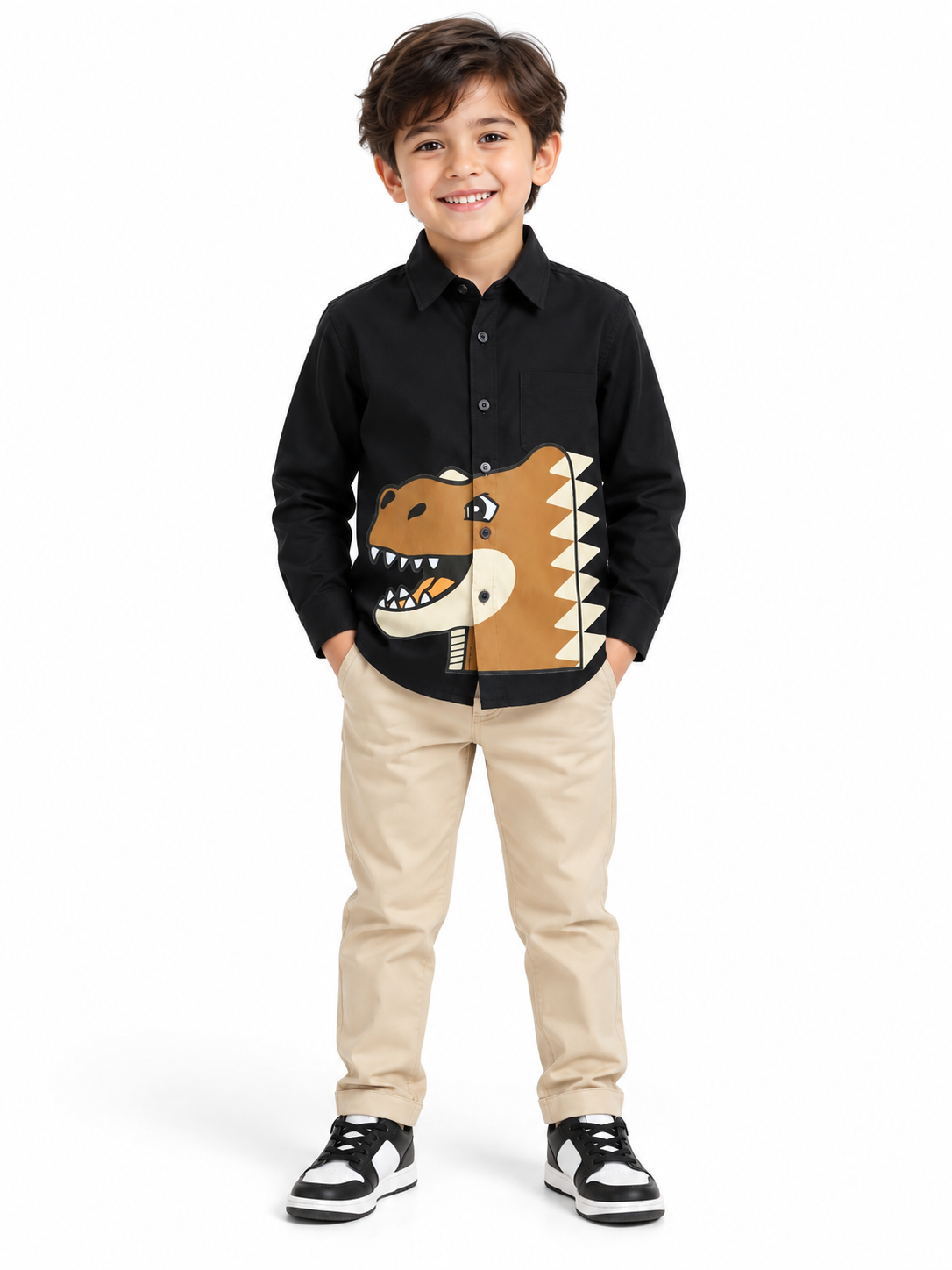 Black Dinosaur Full Sleeve Collar Neck Cotton Shirt