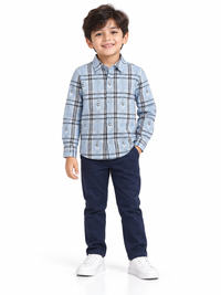 Sky Blue & Grey Snowman Checkered Cotton Full Sleeve Collar Neck Shirt