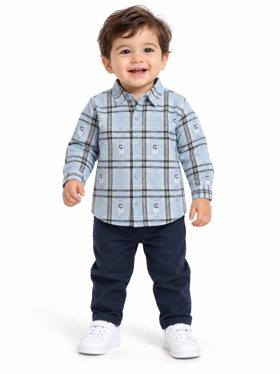 Sky Blue & Grey Snowman Checkered Cotton Full Sleeve Collar Neck Shirt