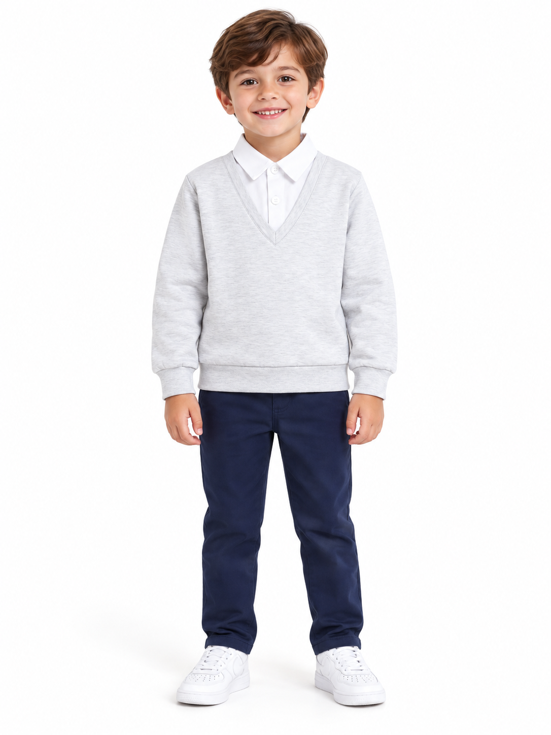 Grey & White Collar Neck Full Sleeve Cotton Sweatshirt