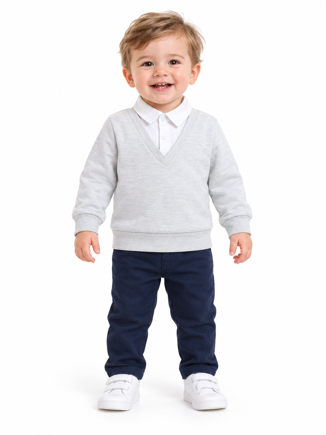 Grey & White Collar Neck Full Sleeve Cotton Sweatshirt