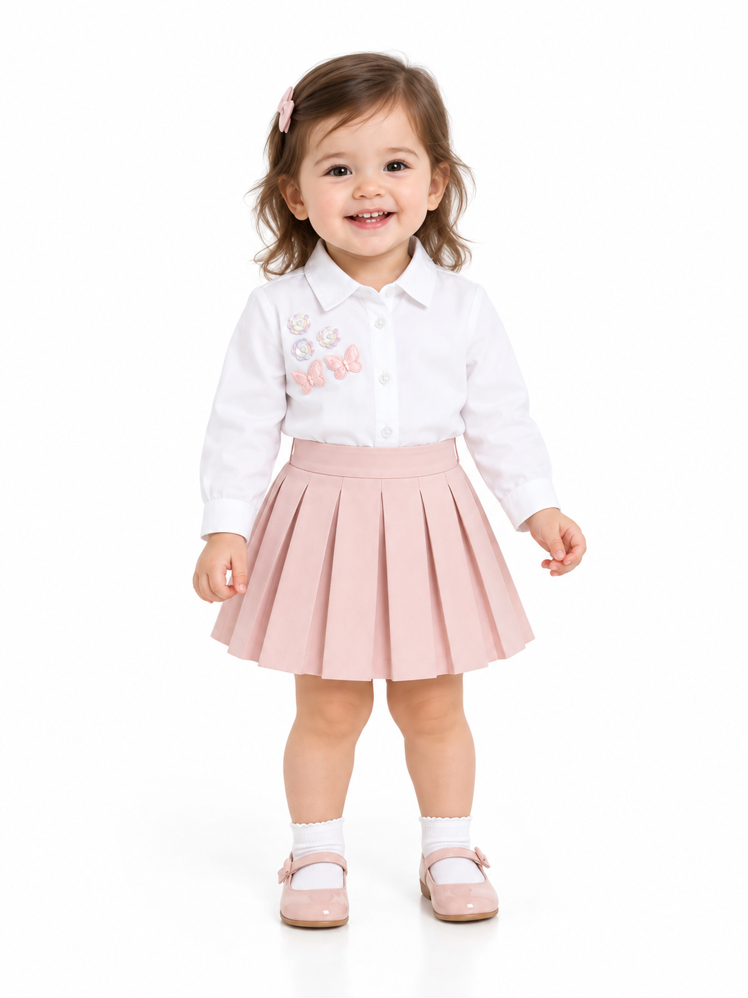 White Cotton Full Sleeve Shirt with Butterfly & Sequined Flower