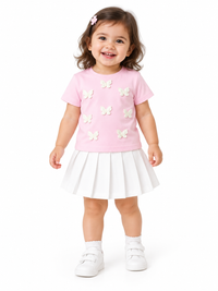 Pink Butterfly Patch Cotton T-shirt with White Flared Cotton Skirt