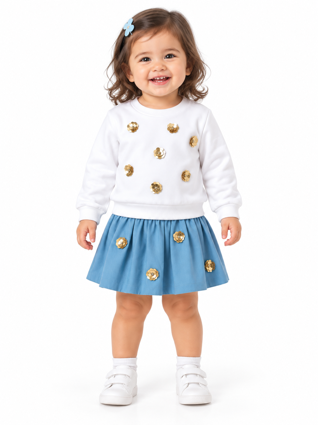 White Sequined Sweatshirt with Blue Flared Skirt