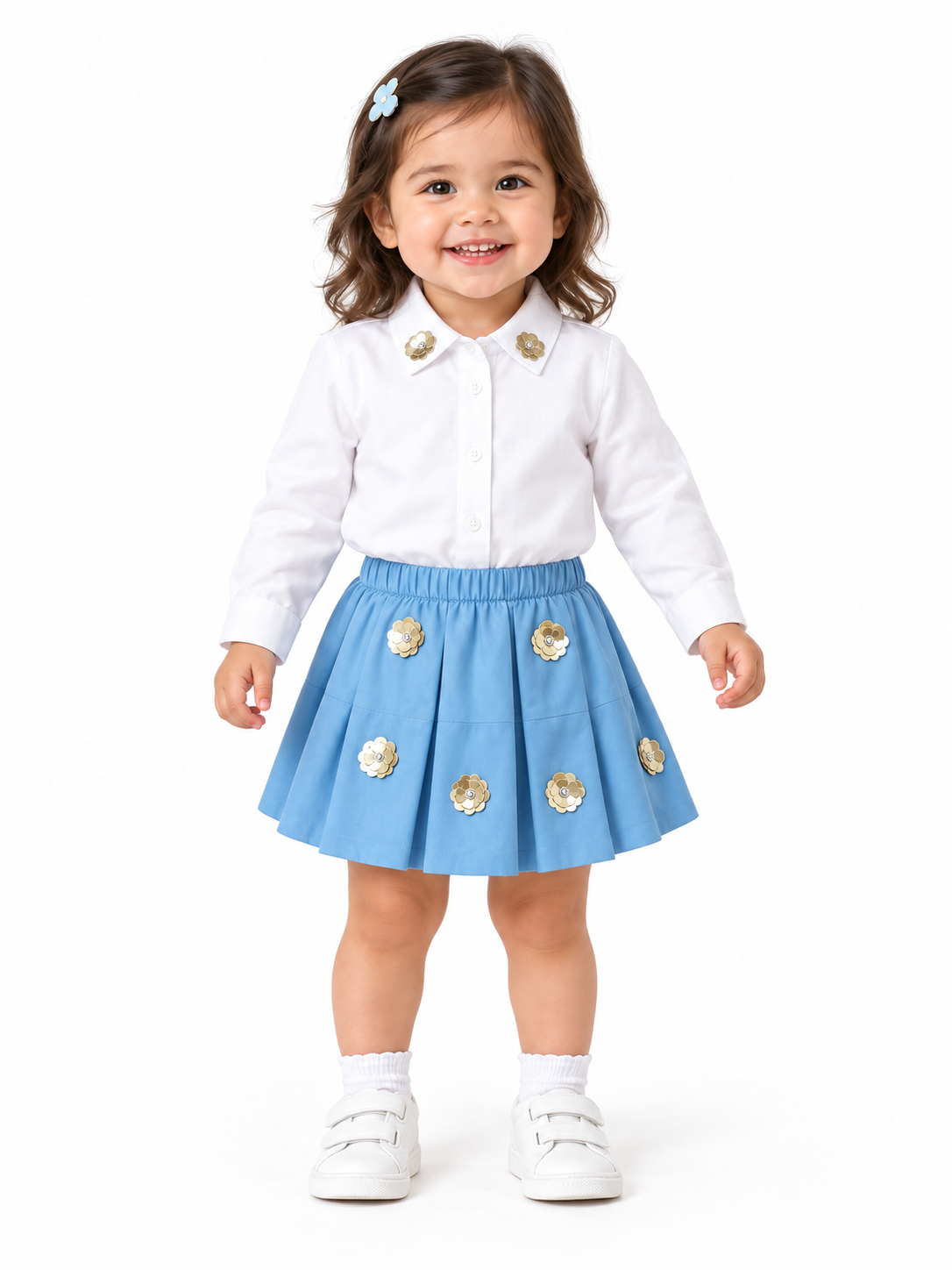 Sequin Flower White Shirt with Blue Flared Skirt