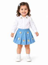 Sequin Flower White Shirt with Blue Flared Skirt
