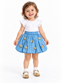 Blue Sequined Flower Cotton Skirt