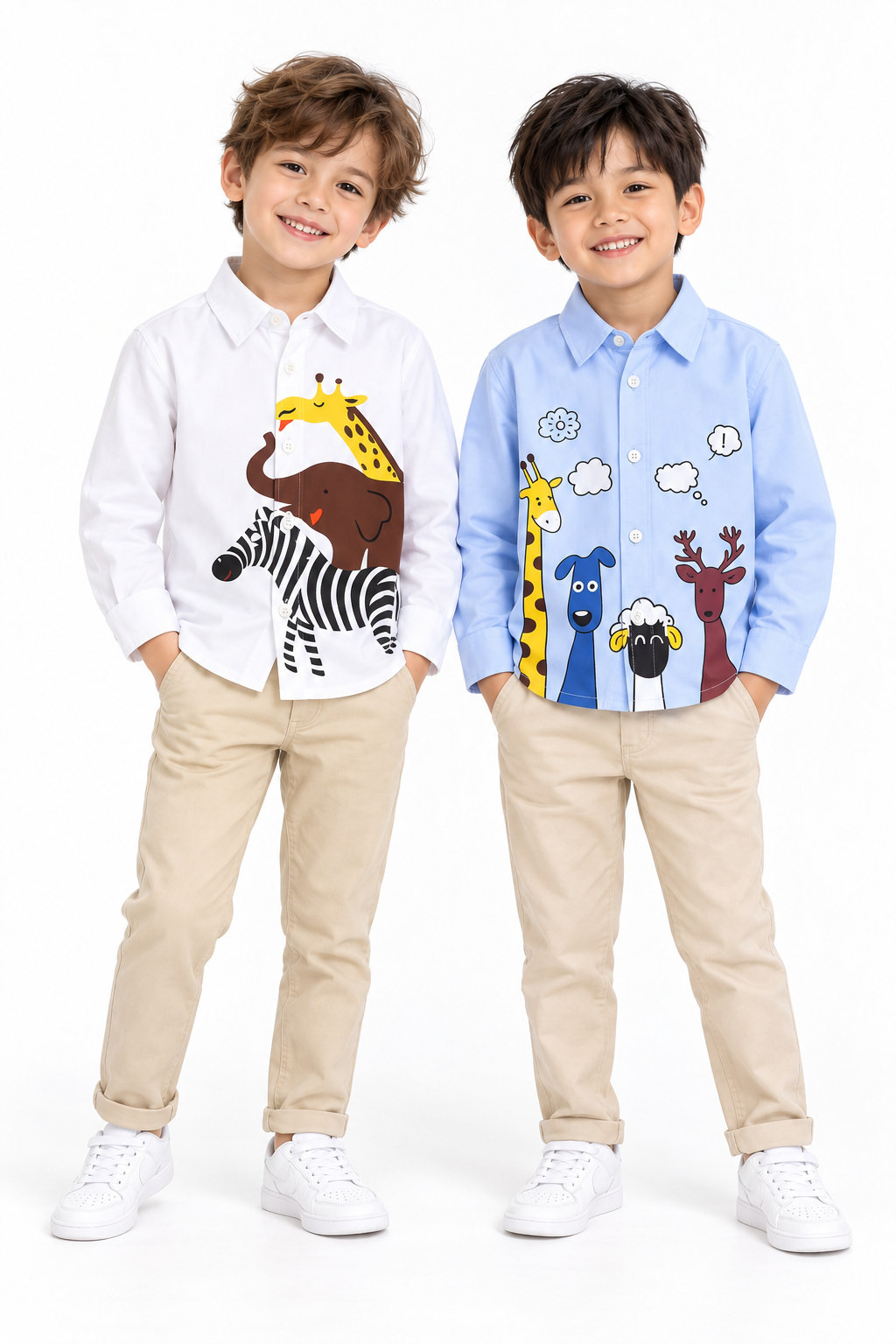 Pack Of 2 Shirts Boys White 3 Animal Print Shirt And Blue 4 Animal Print Shirt