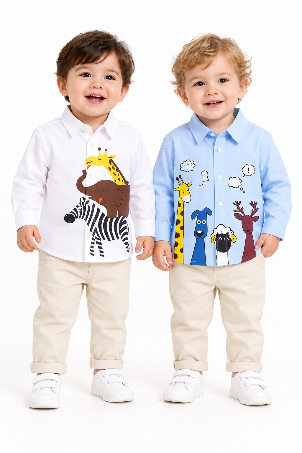 Pack Of 2 Shirts Boys White 3 Animal Print Shirt And Blue 4 Animal Print Shirt