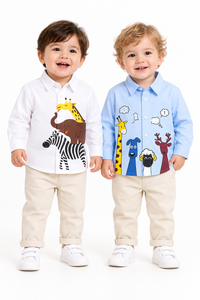 Pack Of 2 Shirts Boys White 3 Animal Print Shirt And Blue 4 Animal Print Shirt