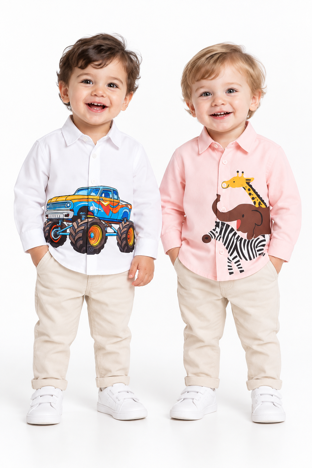 Pack Of 2 Shirts White Tractor Print Shirt And Pink 3 Animal Print Shirt