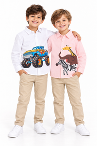 Pack Of 2 Shirts White Tractor Print Shirt And Pink 3 Animal Print Shirt