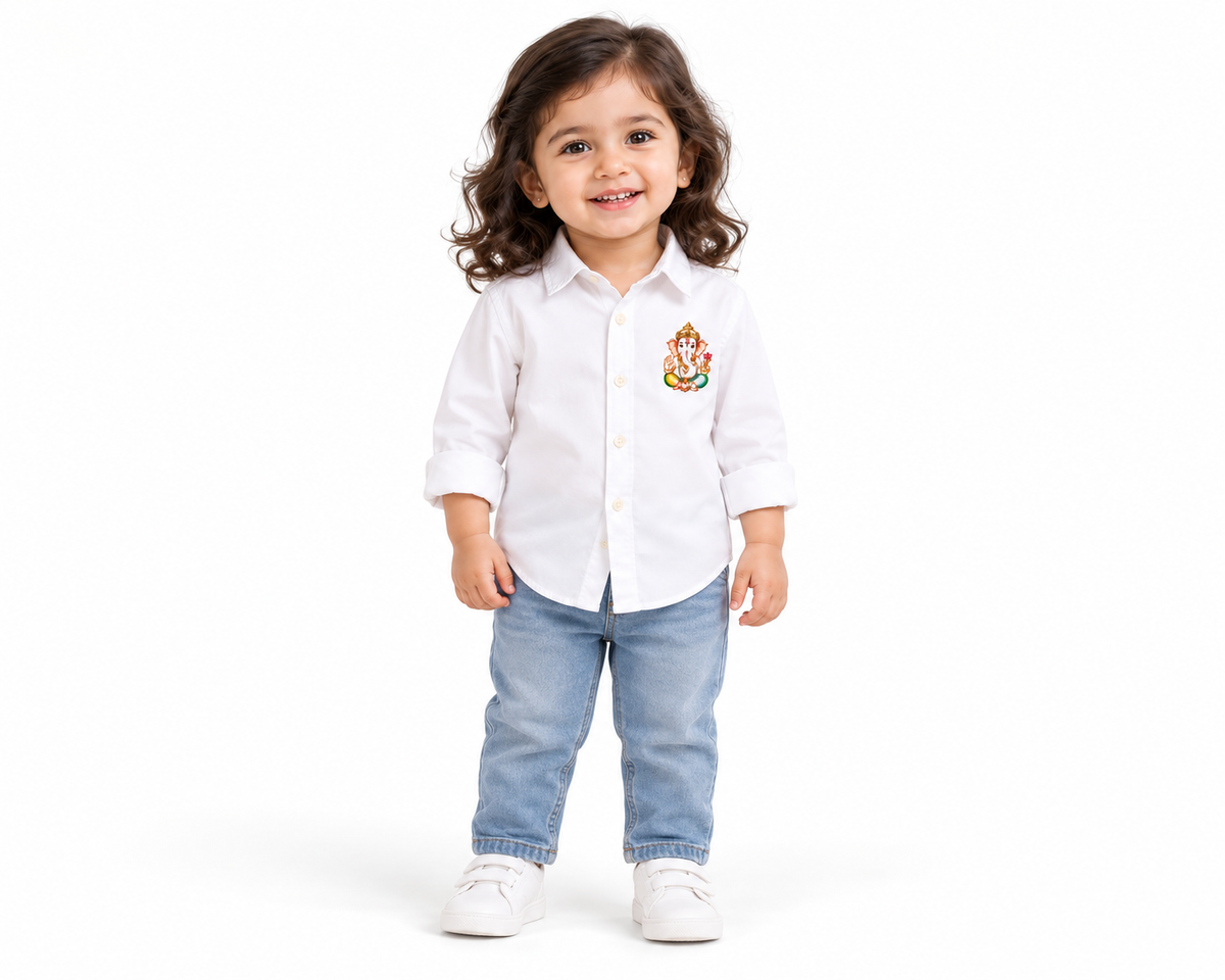 Bestseller Girls White Printed Ganpati Full Sleeve Cotton Shirt
