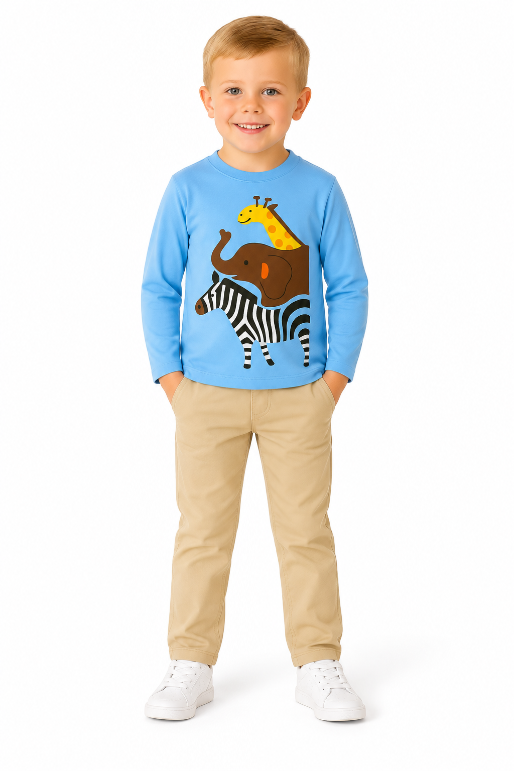 Boys Light Blue Giraffe, Elephant, Zebra Black Full Sleeves T-Shirt