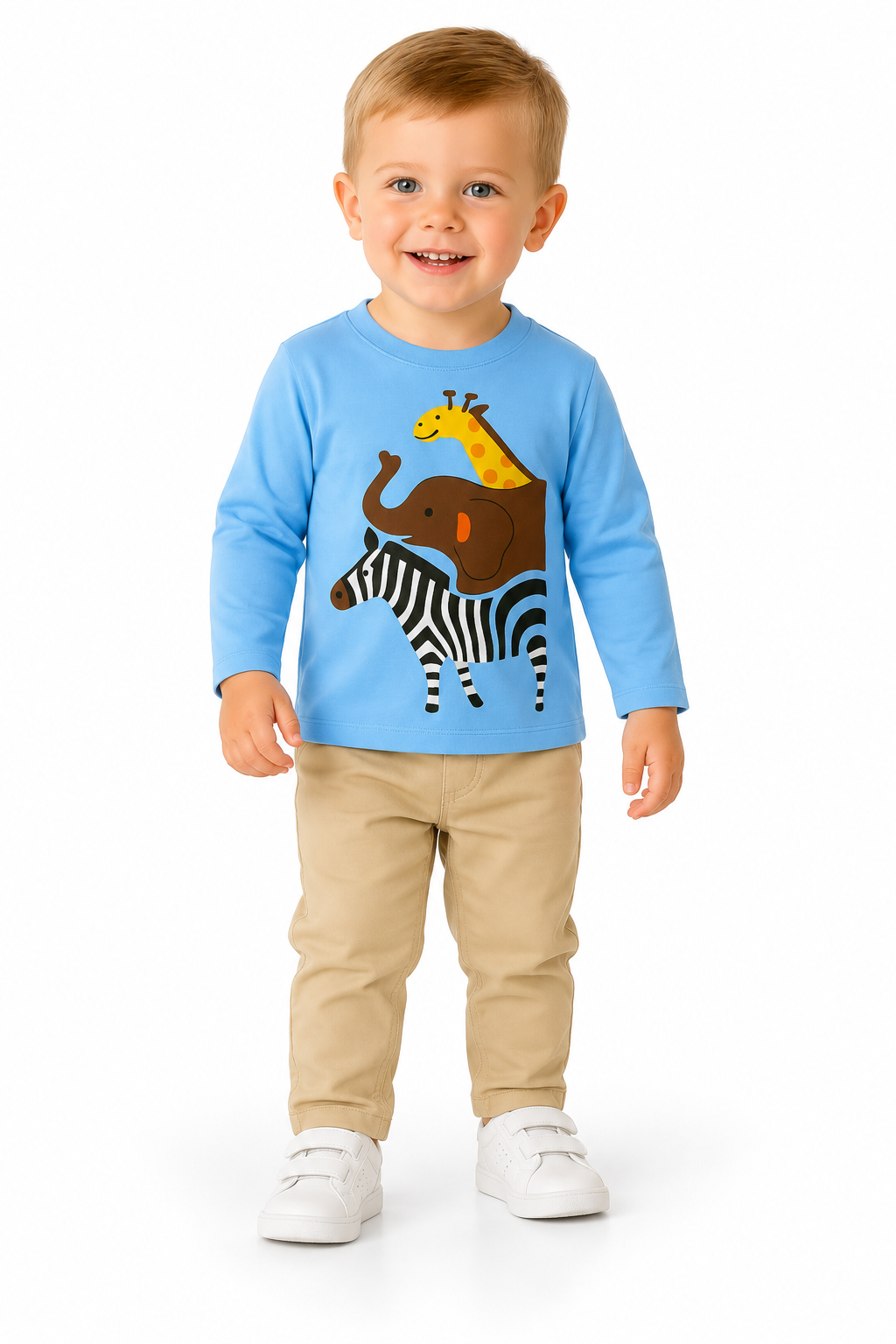 Boys Light Blue Giraffe, Elephant, Zebra Black Full Sleeves T-Shirt