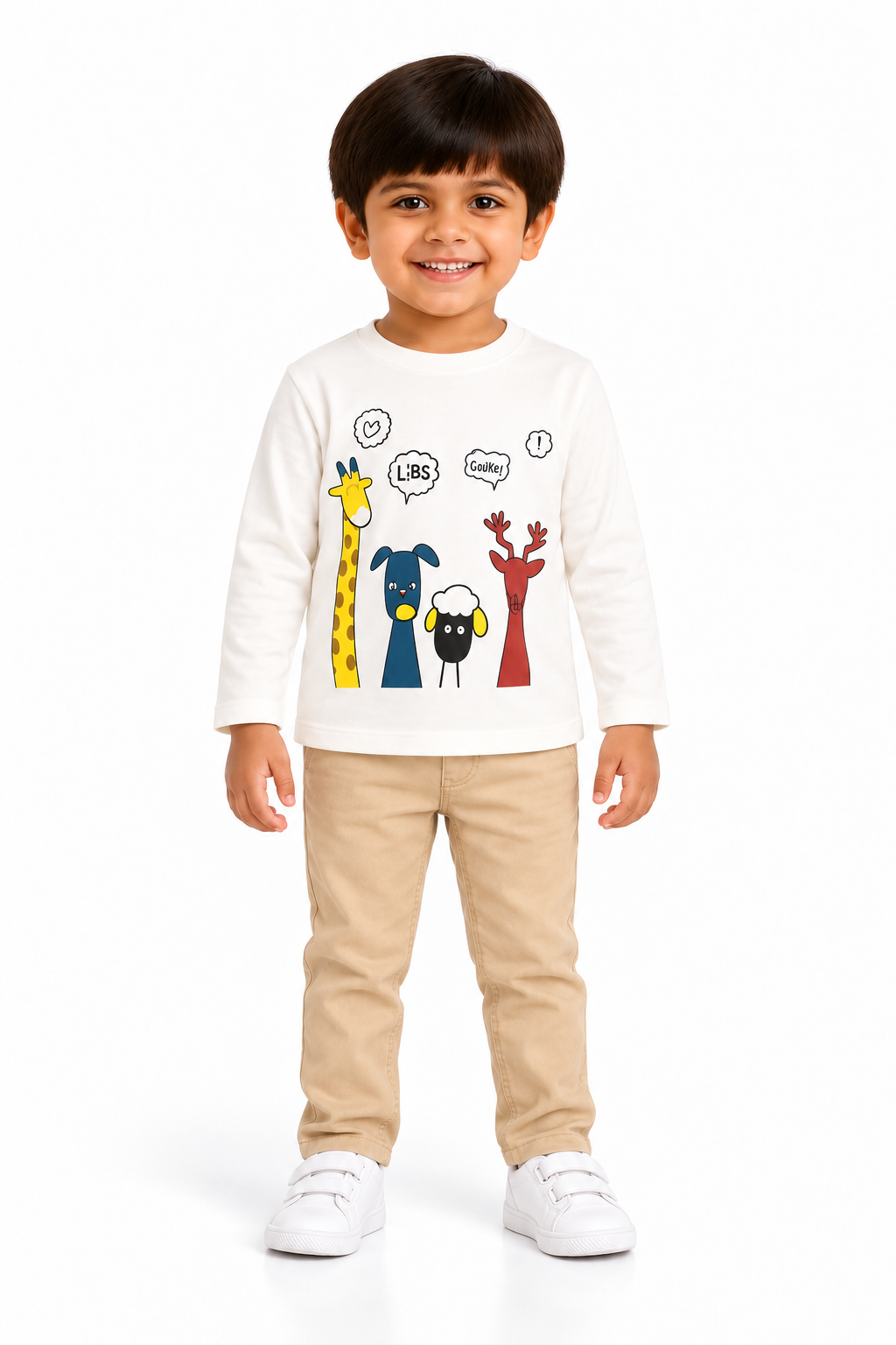 Boys 4 Animals White Full Sleeves T-Shirt