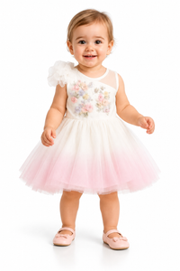Baby Girls White Pink Party Dress Puffed One Shoulder Shaded Princess Gown with Hand Embroidery
