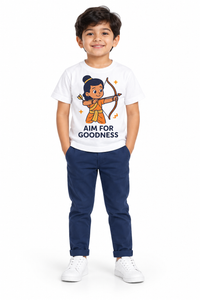 Kids Dusherra Tshirt Aim For Goodness With Lord Ram Print -White
