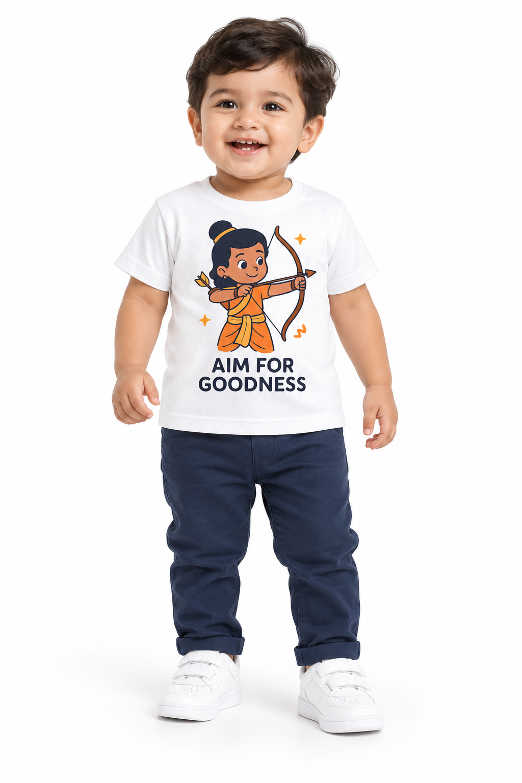 Kids Dusherra Tshirt Aim For Goodness With Lord Ram Print -White