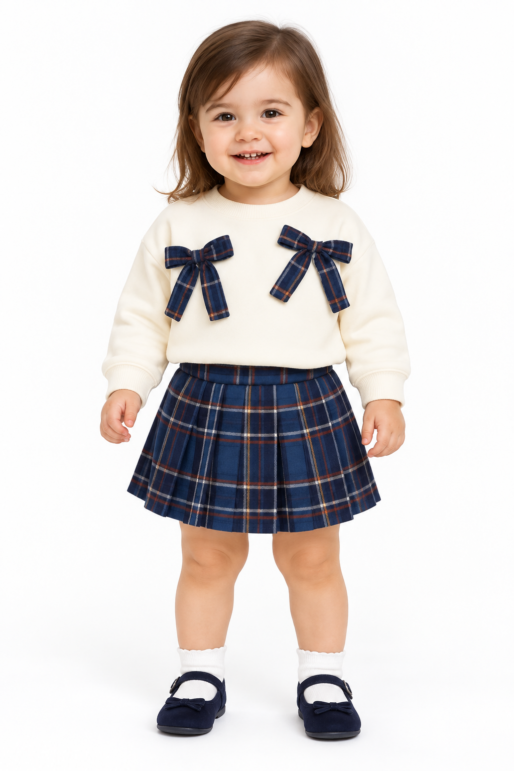 Girls White Full Sleeve Top with Bow Applique & Navy Blue Check Skirt