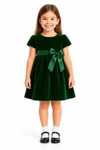 Girls Festive Green Velvet Dress with Bow Detail
