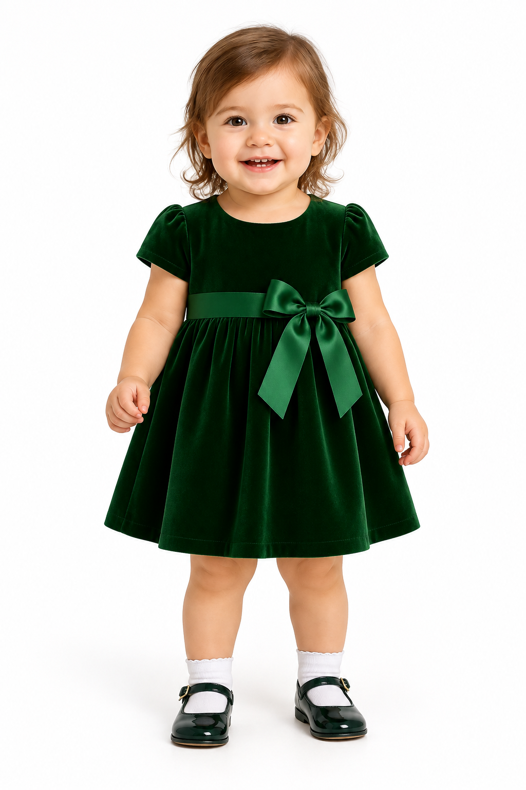 Girls Festive Green Velvet Dress with Bow Detail