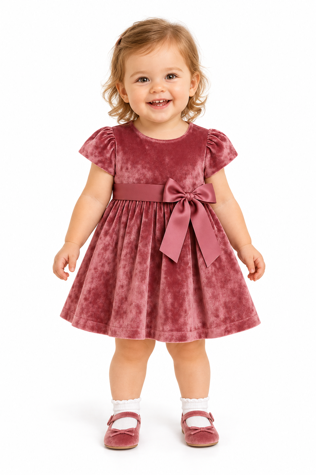 Girls Festive Pink Velvet Dress with Bow Detail