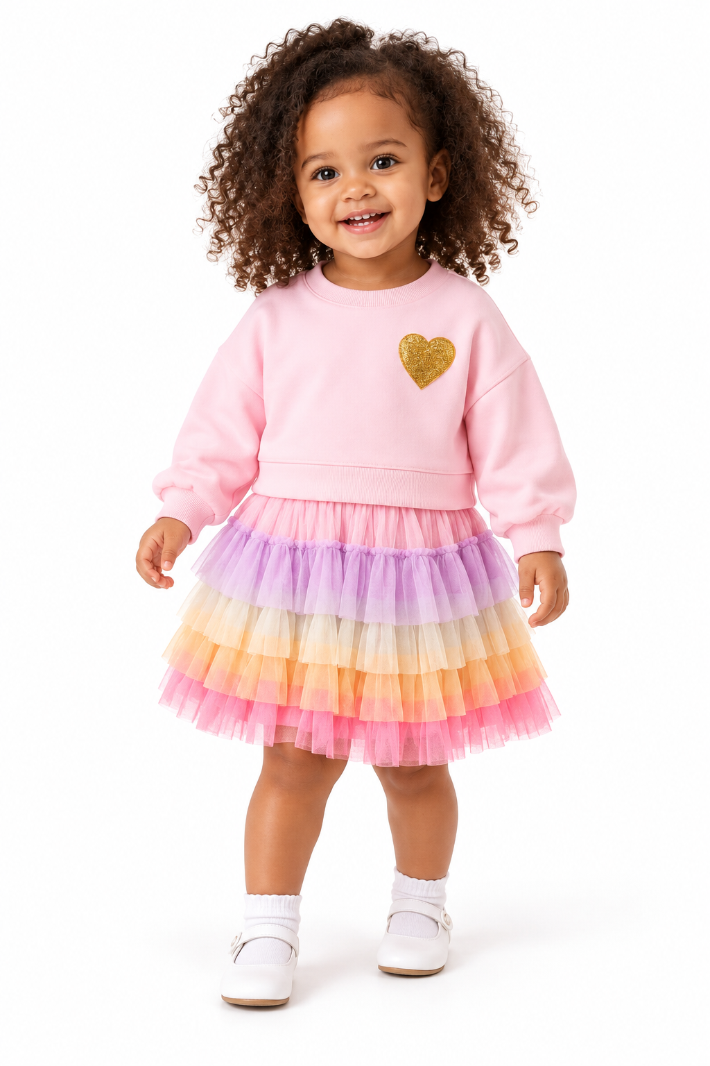 Cute Gold Heart Pink Sweatshirt Dress with Rainbow Tulle Skirt