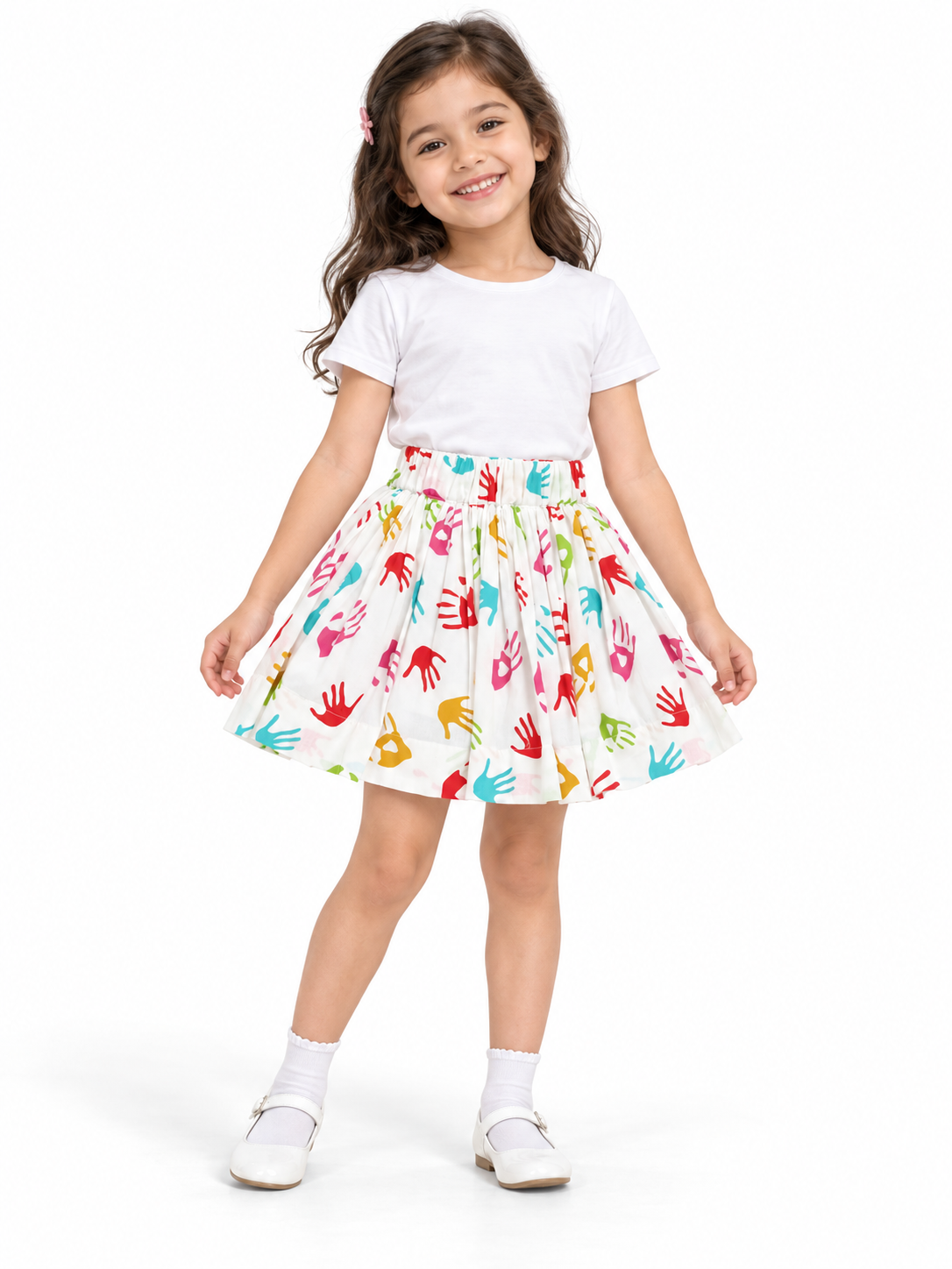 White Multicolor Hand Print Cotton Skirt