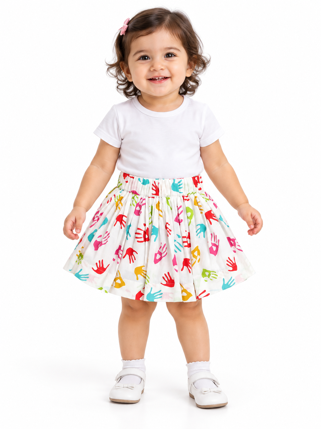 White Multicolor Hand Print Cotton Skirt