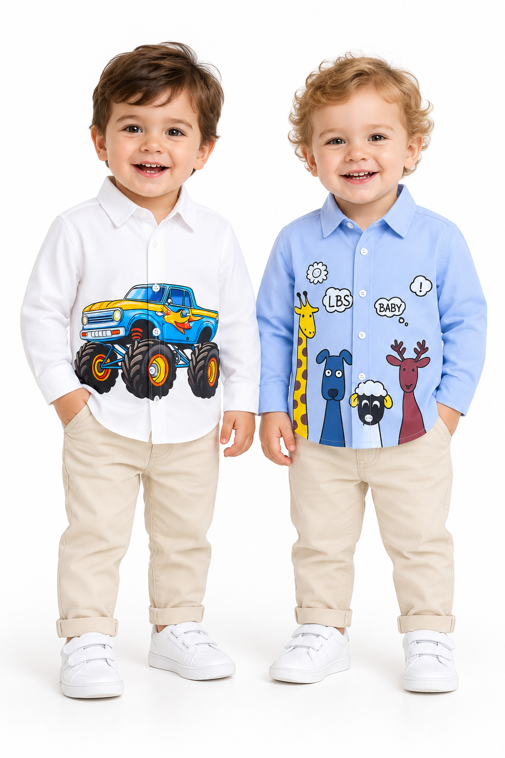 Pack Of 2 Shirts White Tractor Print Shirt And Blue 4 Animal Print Shirt