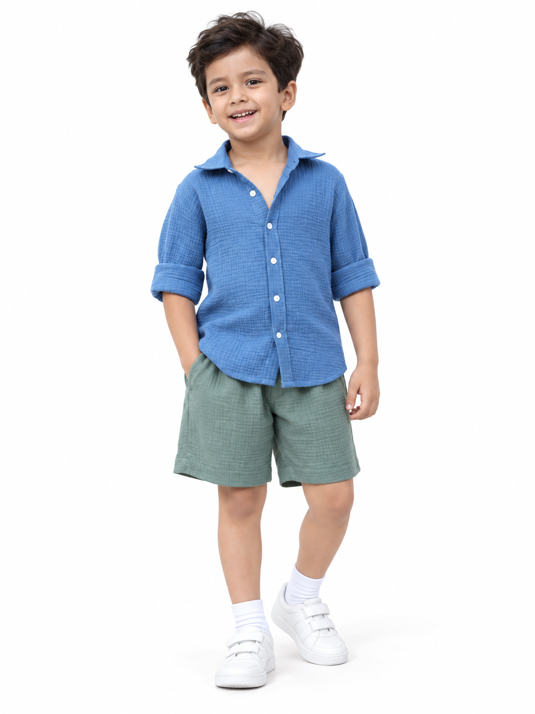 Blue Full Sleeve Shirt & Olive Green Short Soft Cotton Co-ord Set