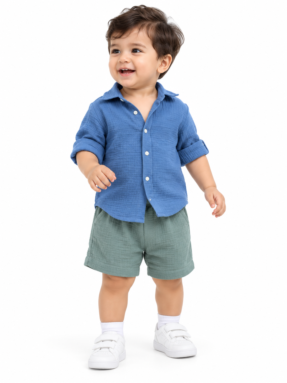 Blue Full Sleeve Shirt & Olive Green Short Soft Cotton Co-ord Set