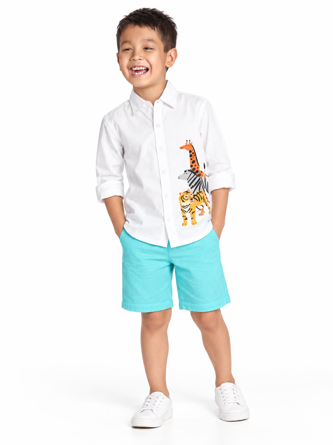 White 3 Animal Printed Full Sleeve Pure Cotton Shirt