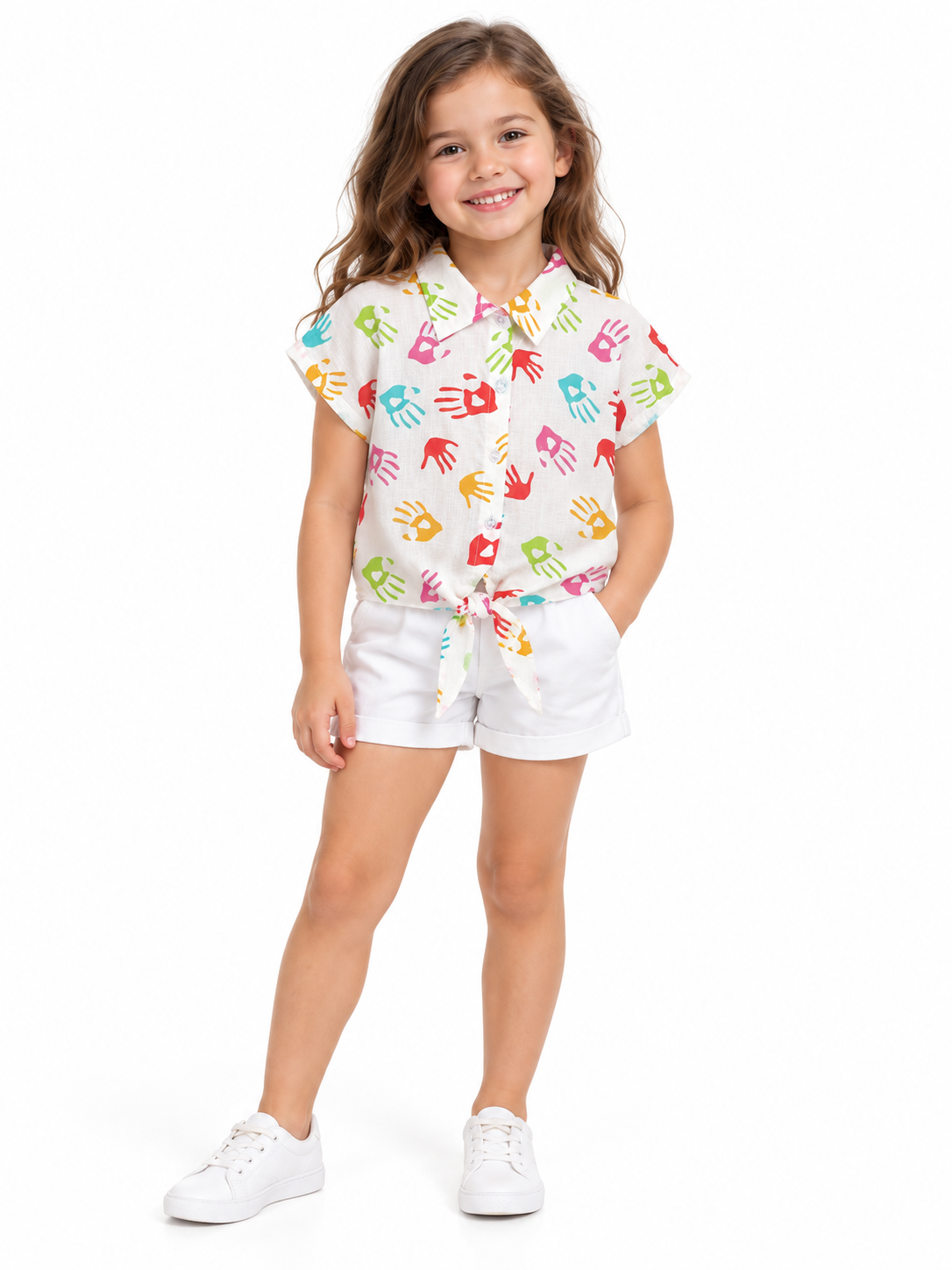 GIRLS TIE-UP HAND PRINT SHIRT