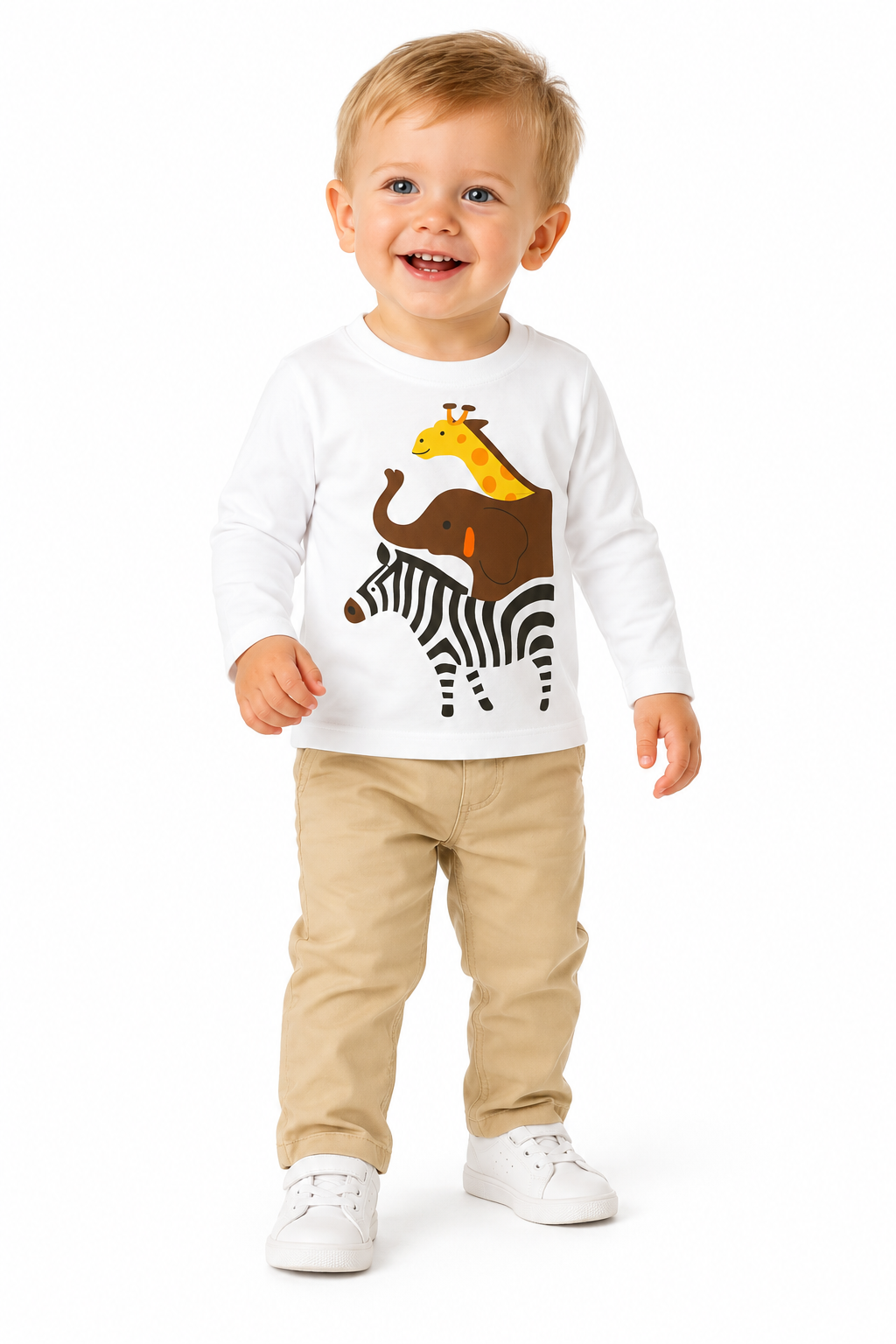 Boys White  Giraffe, Elephant, Zebra Black Full Sleeves T-Shirt