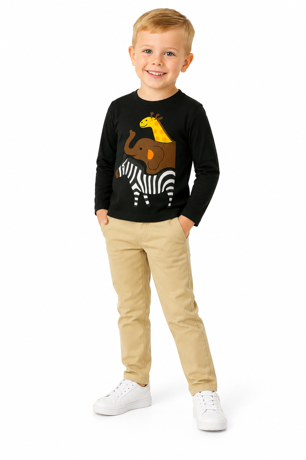 Boys Black Giraffe, Elephant, Zebra Black Full Sleeves T-Shirt