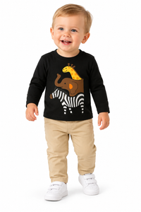 Boys Black Giraffe, Elephant, Zebra Black Full Sleeves T-Shirt