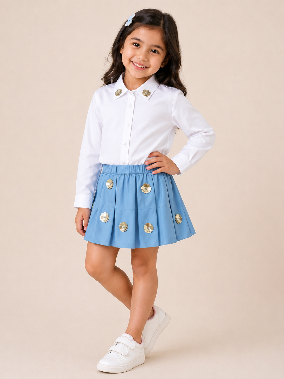 Sequin Flower White Shirt with Blue Flared Skirt