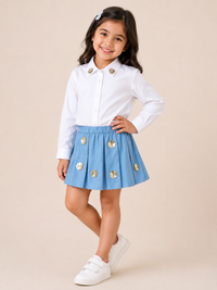 Sequin Flower White Shirt with Blue Flared Skirt