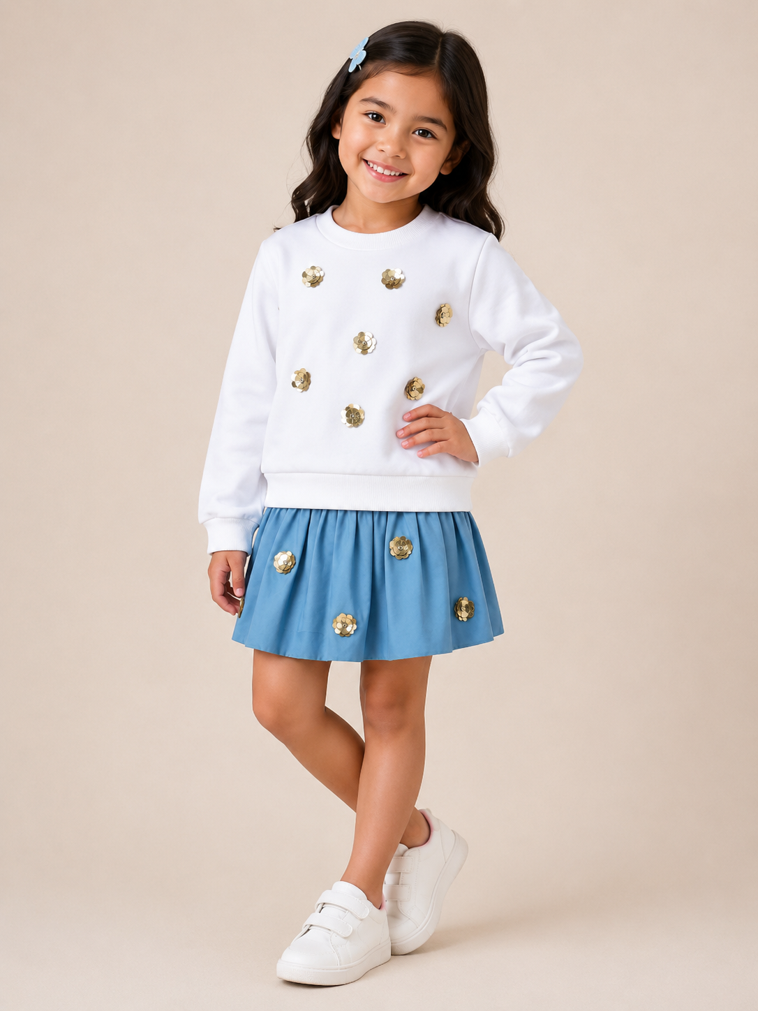 White Sequined Sweatshirt with Blue Flared Skirt